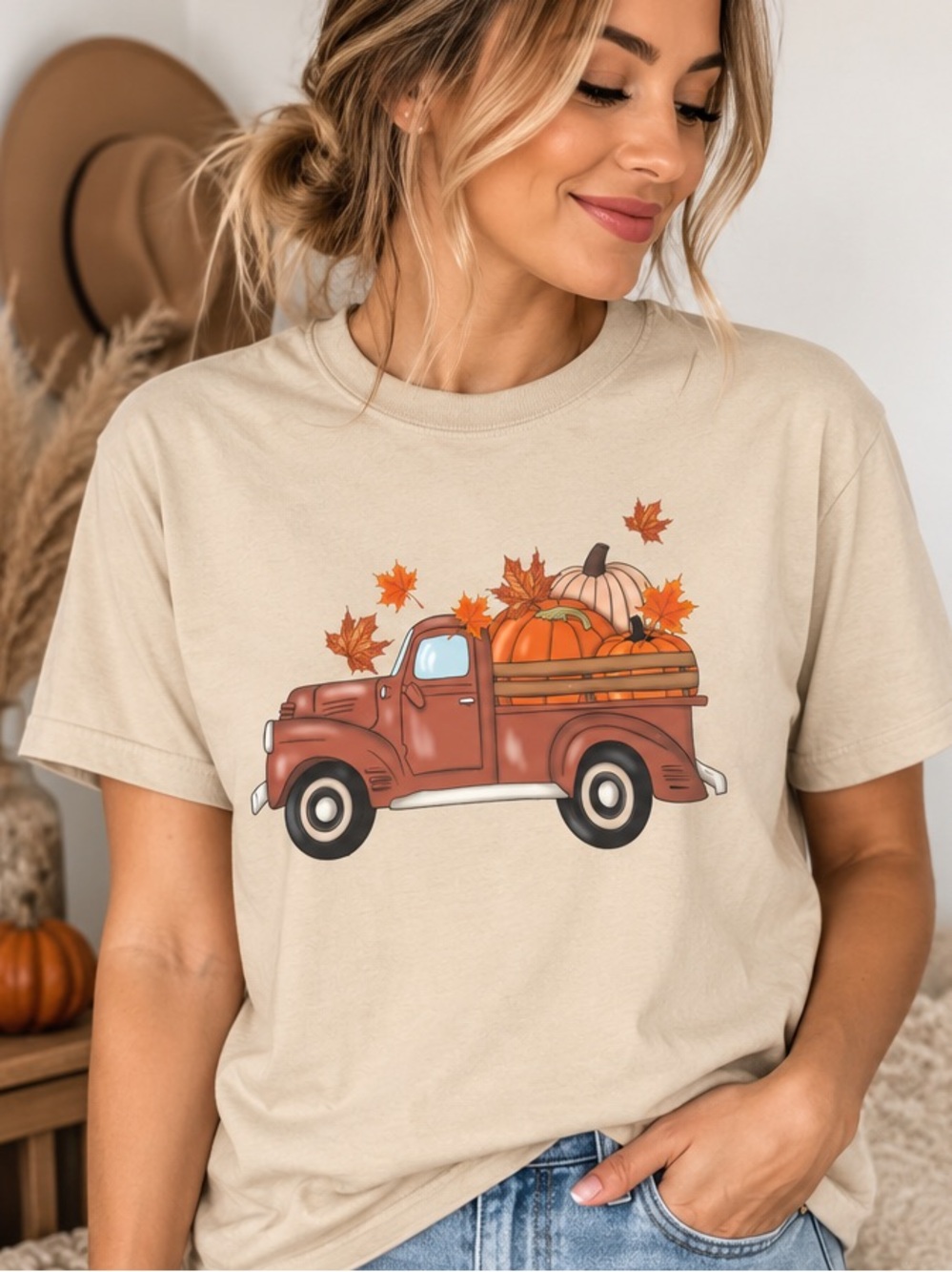 Gildan Cream Tee with Rust Red Vintage Truck and Orange Pumpkins